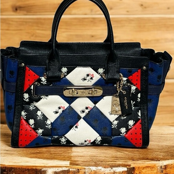 Coach Swagger Floral Patchwork Satchel in Red, Blue, and Black - Picture 2 of 12